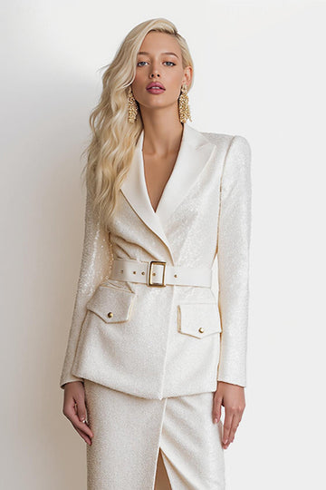 Robe de travail midi 2 pièces à paillettes ivoire scintillante avec fente